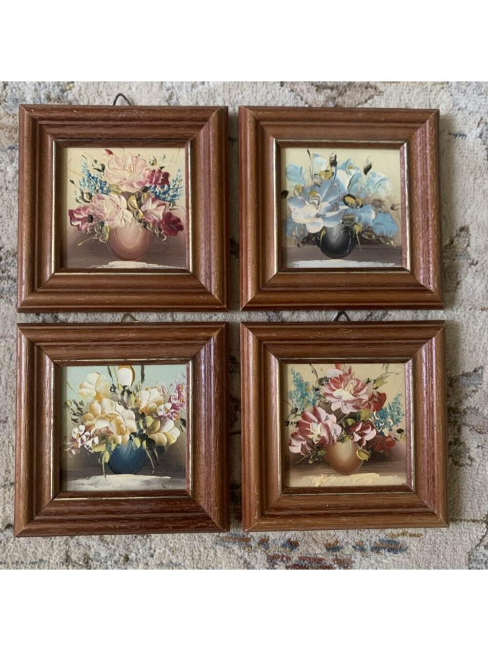 Vintage Set 4 Miniature Hand Painted Oil Floral Paintings Wood Frames Impasto